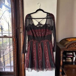 NWOT Free People Tough Love Goth Fit & Flare dress in black and burgundy